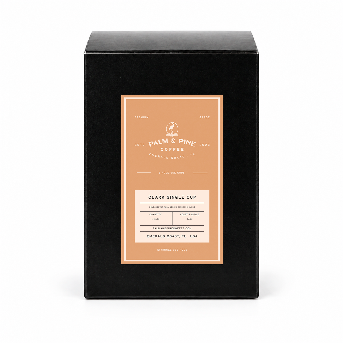 Palm & Pine Coffee Clark Single Cup coffee pods 12-pack box in matte black packaging.