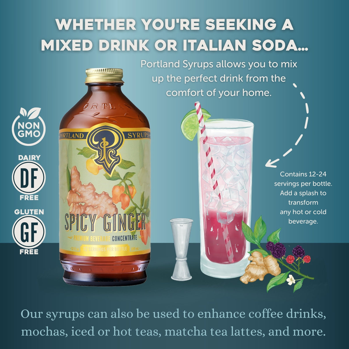 Spicy Ginger syrup bottle with a glass of a mixed drink on a blue background, featuring Portland Syrups branding.