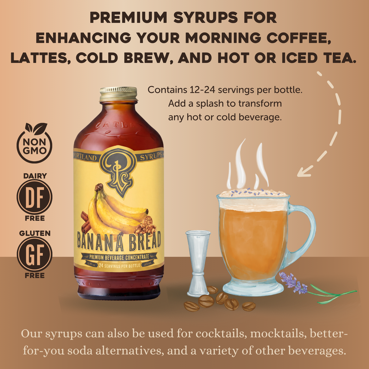Banana bread syrup bottle with coffee cup illustration on a brown background