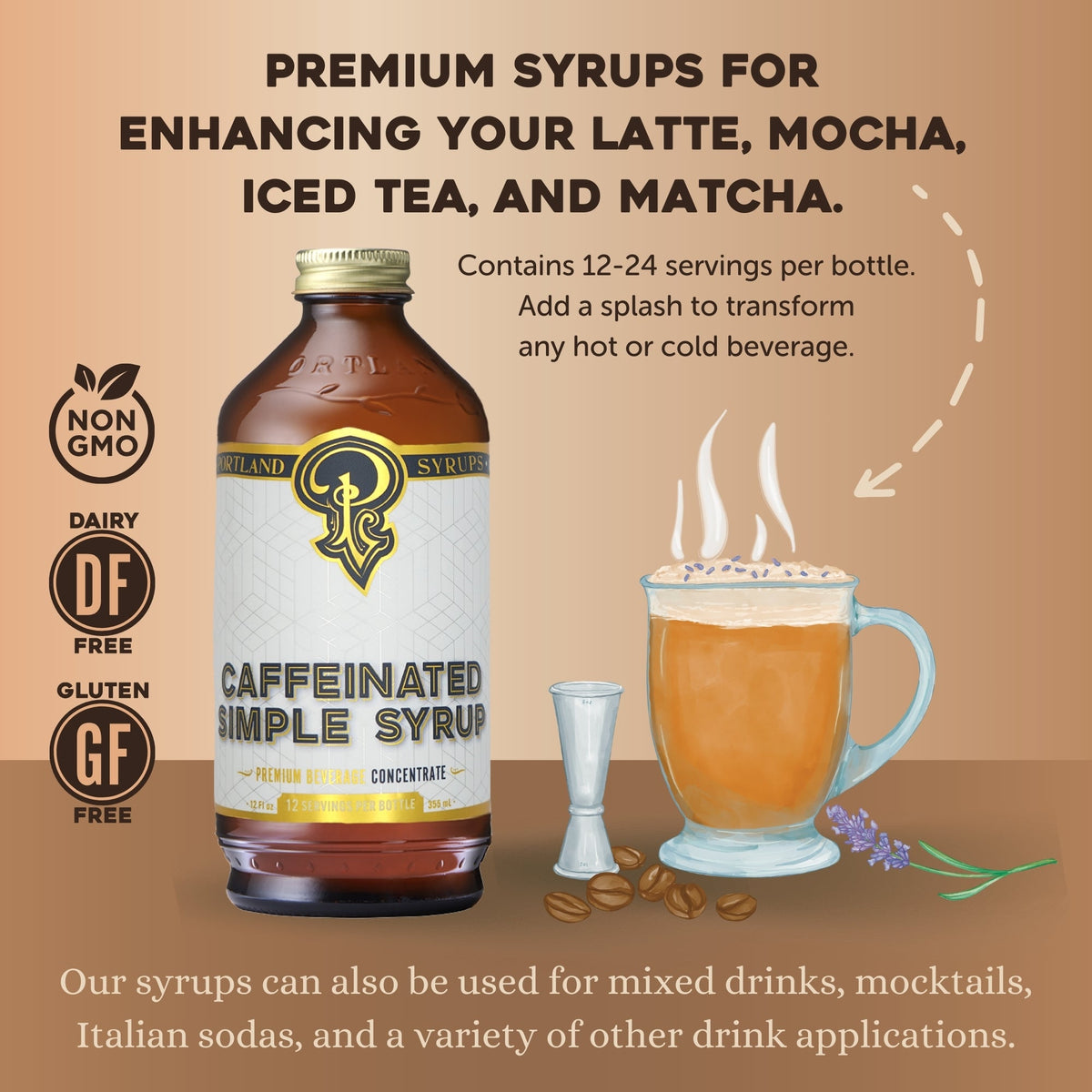 Bottle of Caffeinated Simple Syrup with a cup of coffee and coffee beans on a brown background