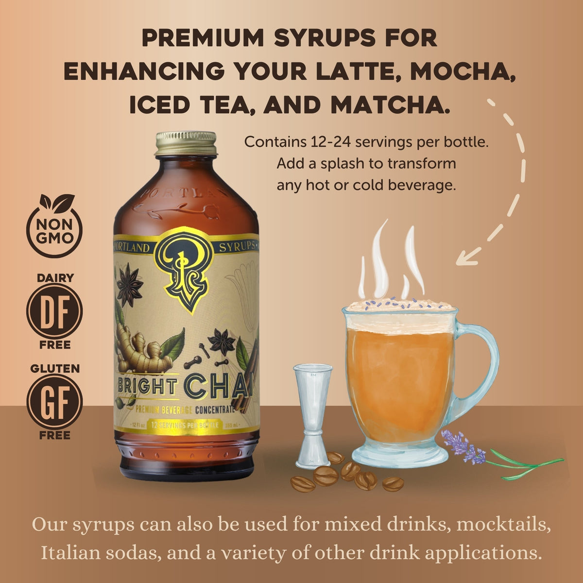 Bottle of Bright Chai syrup with a cup of tea and text about its uses on a brown background