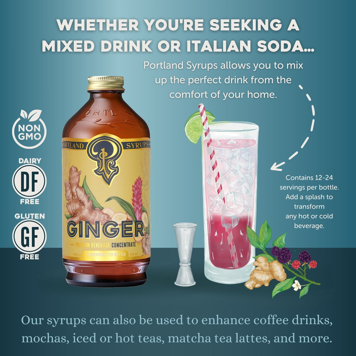 Ginger syrup bottle with a cocktail and text about Portland Syrups on a blue background