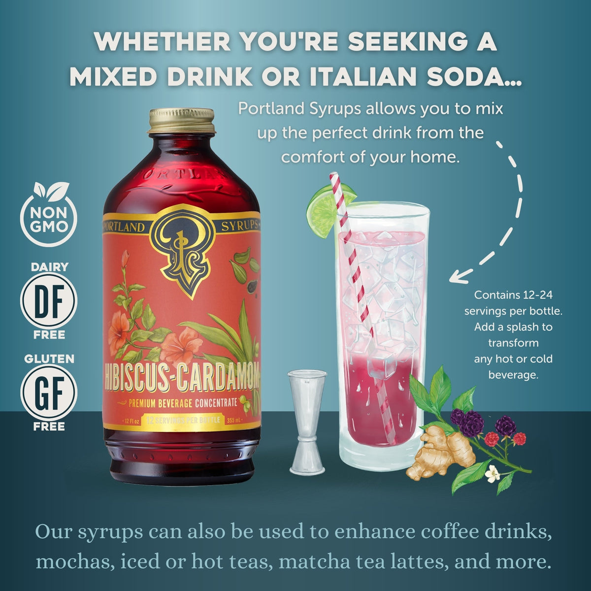 Portland Syrups bottle of Hibiscus Cardamom flavor with a glass of pink drink on a blue background