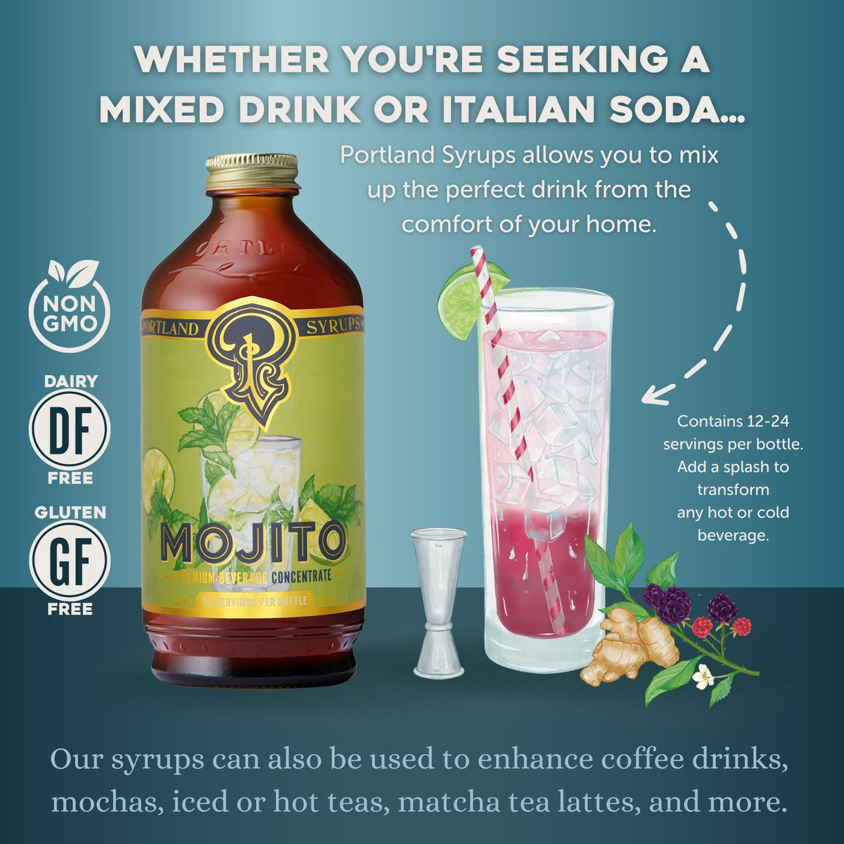 Portland Syrups Mojito concentrate bottle with a glass of mojito and ingredients on a blue background