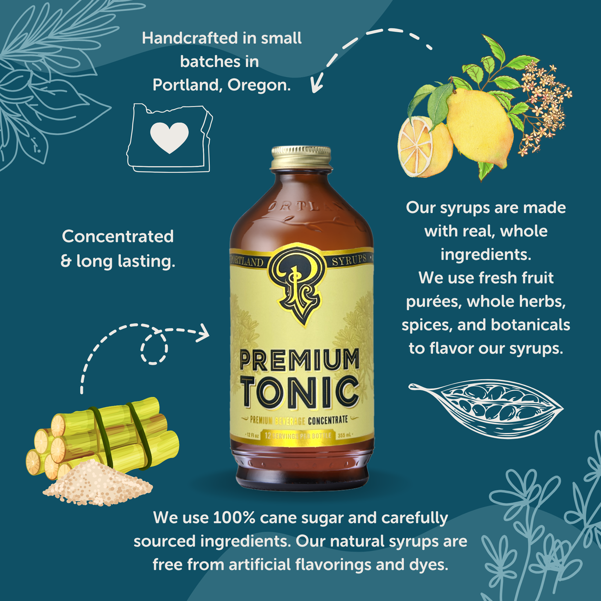 Bottle of Premium Tonic with branding and product details on a blue background
