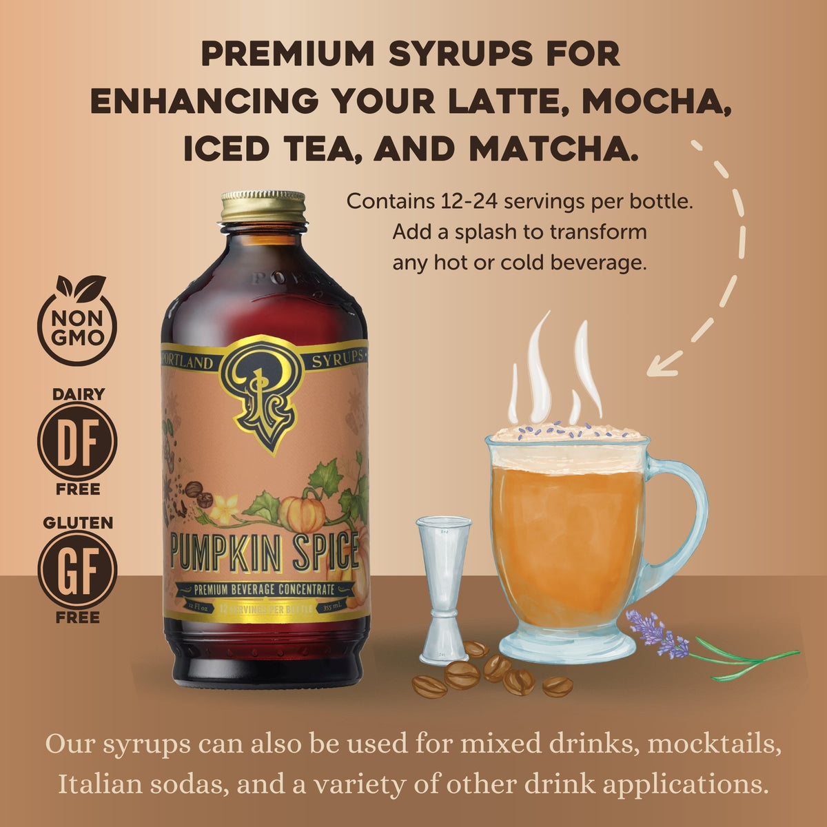 Bottle of pumpkin spice syrup with a cup of coffee and text about its uses.