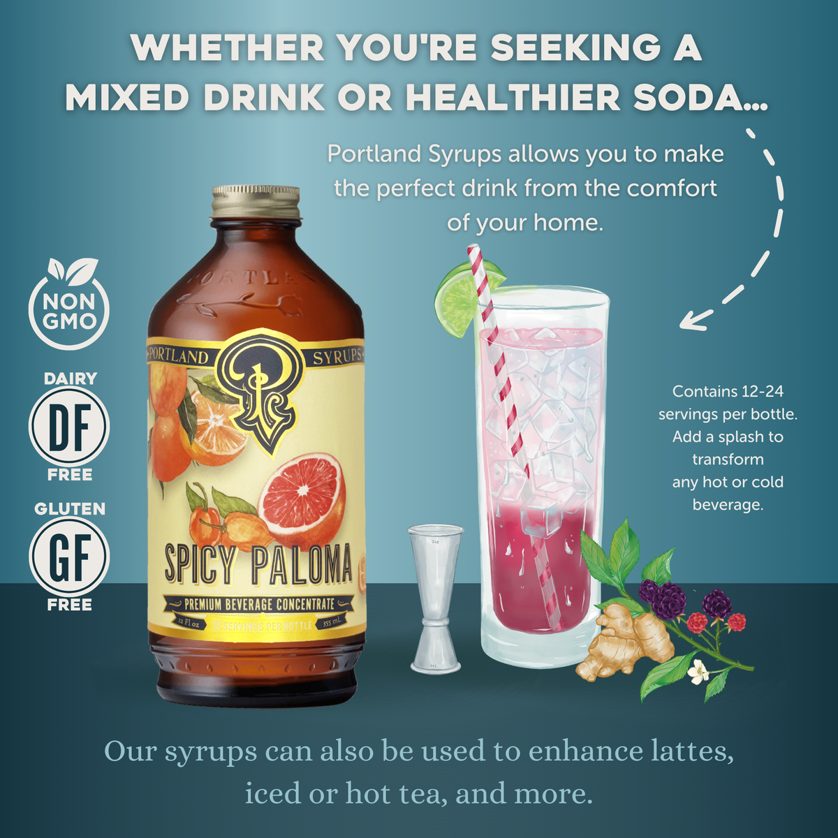Spicy Paloma syrup bottle with a glass of a mixed drink on a blue background, featuring Portland Syrups branding.