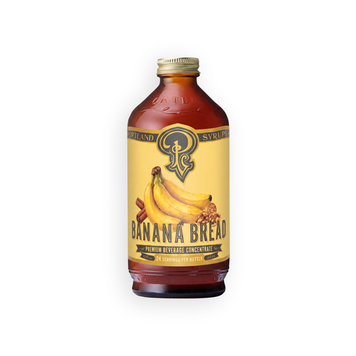 Portland Syrups Banana Bread premium beverage concentrate in a 12 fl oz amber glass bottle.