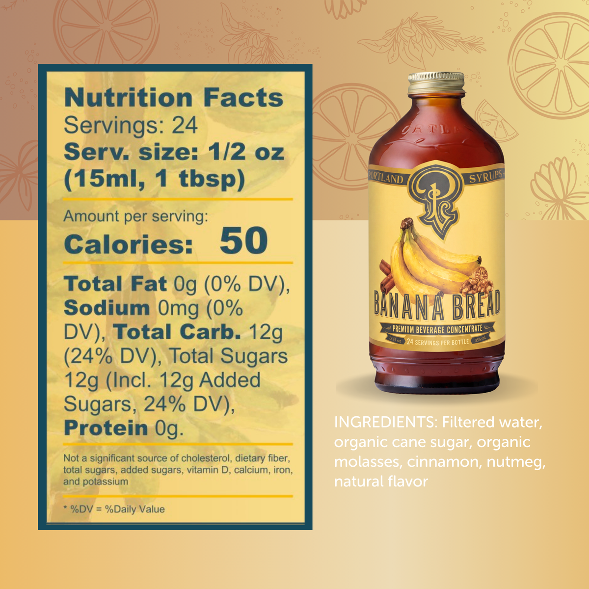 Bottle of banana bread-flavored syrup with nutrition facts label on a decorative background