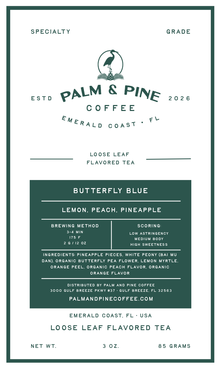A flat product label for Palm & Pine Coffee's 'Butterfly Blue' loose leaf flavored tea. The label features a white background with dark green text and a dark green central information block detailing the flavor profile, brewing method, and ingredients.