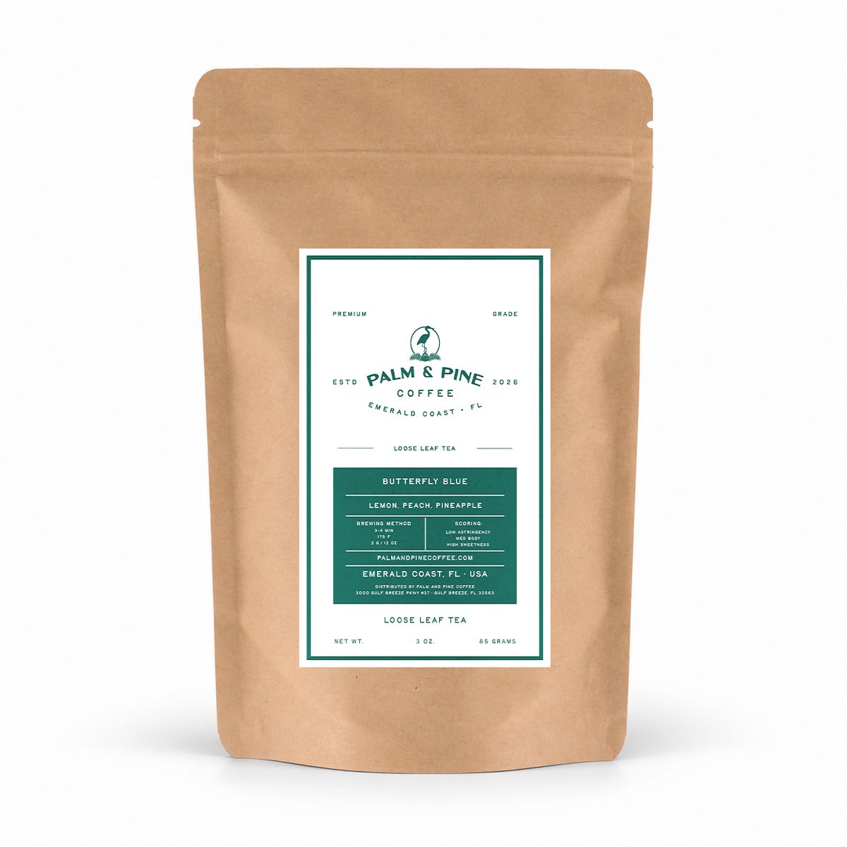 A kraft paper stand-up pouch of Palm & Pine Coffee Loose Leaf Tea on a clean white background.