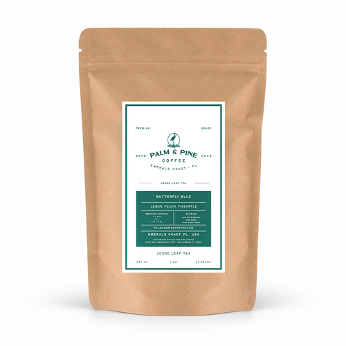 A kraft paper stand-up pouch of Palm & Pine Coffee Loose Leaf Tea on a clean white background.