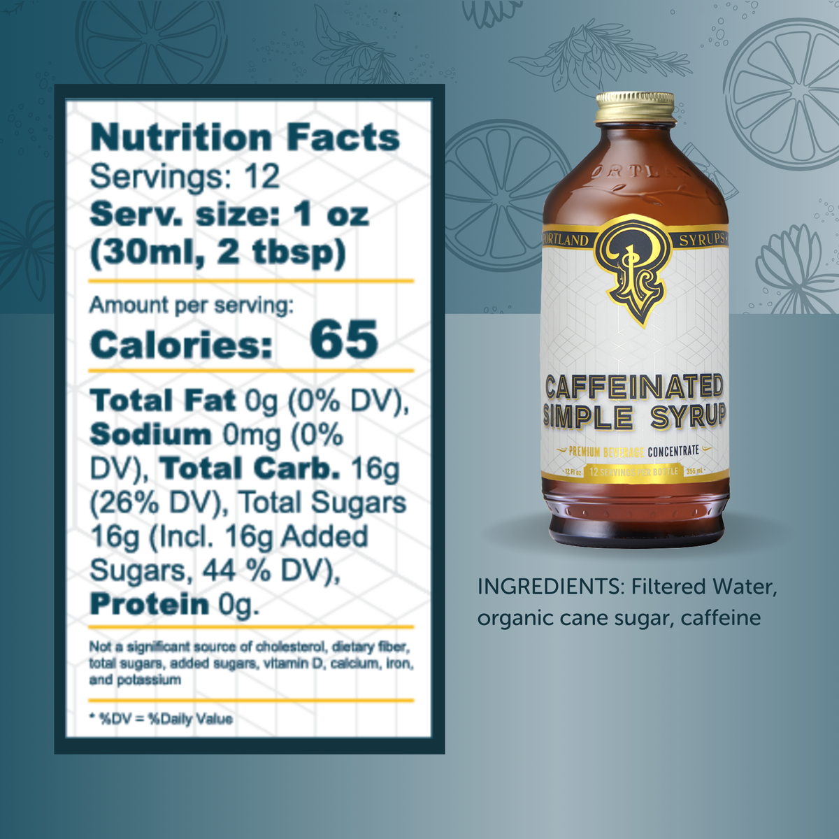 Bottle of Caffeinated Simple Syrup with nutrition facts label on a blue background