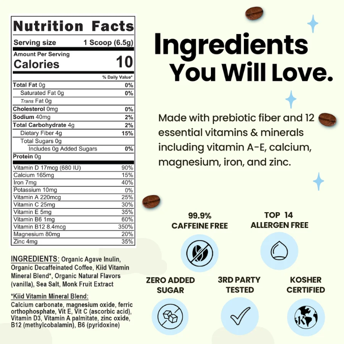 A product information graphic for Kid Vitamin Mineral Blend, showing a Nutrition Facts label, ingredients list, and marketing text on a light gray background with small coffee bean illustrations.