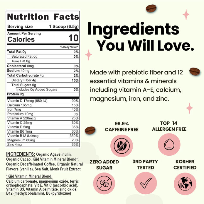 A product information graphic on a light cream background with a nutrition facts panel, ingredient list, and marketing text. The design includes several coffee beans, pink circular icons, and text such as 'Ingredients You Will Love,' '99.