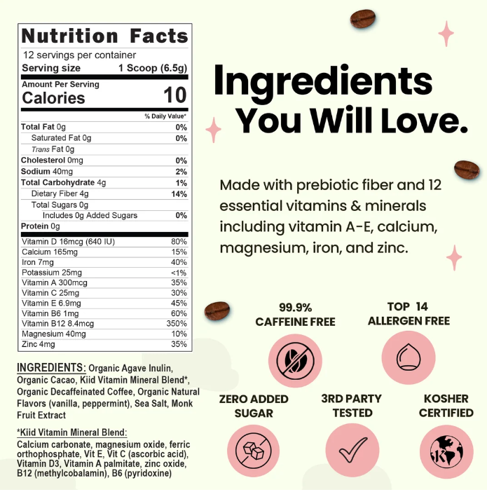 A product information graphic for a Kid Vitamin Mineral Blend, showing a Nutrition Facts panel, ingredients list, and marketing claims on a white background with pink accents.