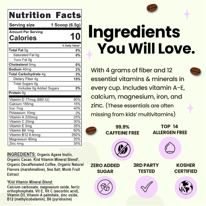 An infographic card for Kid Vitamin Blend showing the Nutrition Facts label, ingredients list, and marketing claims on a white background with coffee beans and pastel icons.