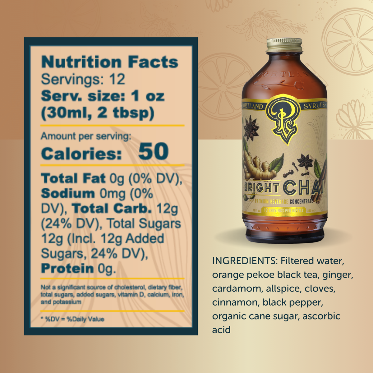 Bottle of syrup with nutrition facts label on a beige background
