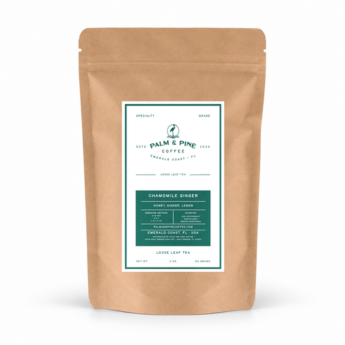 Brown kraft paper pouch of Palm & Pine Coffee Chamomile Ginger loose leaf tea with notes of honey, ginger, and lemon