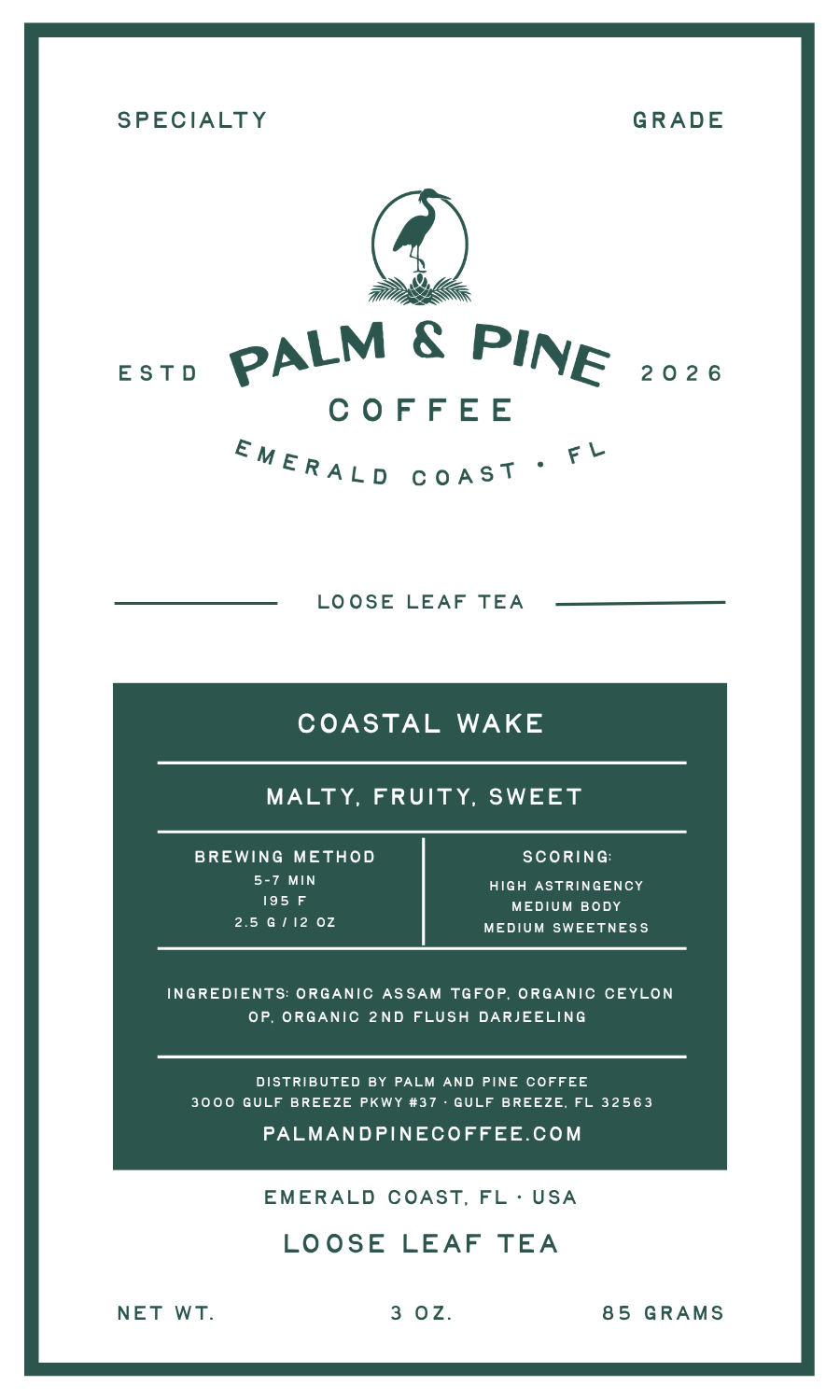 A flat product label for Palm & Pine Coffee's Coastal Wake Loose Leaf Tea, featuring a white background with dark green text and a central dark green information box.