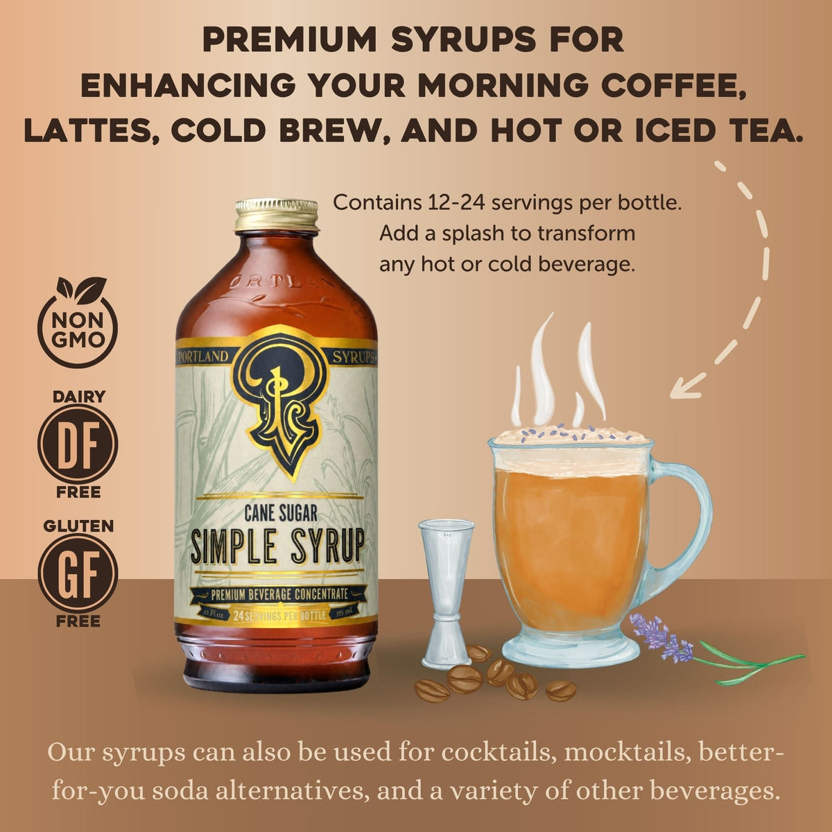 A bottle of Orlando Coffee Company Cane Sugar Simple Syrup shown on a warm beige promotional background with text describing uses for coffee, lattes, cold brew, and tea. The bottle is amber-brown with a cream and black label, and the scene includes a frothy coffee cup, small jigger, coffee beans, and lavender sprigs.