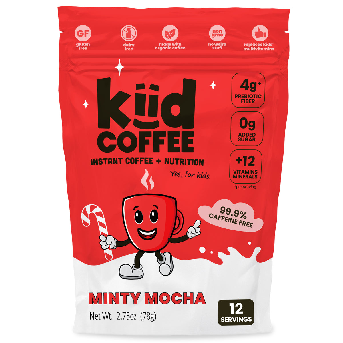 A 2.75 oz bag of kiÿd Coffee Minty Mocha instant coffee with nutrition, featuring a red and white package design with a cartoon red coffee cup character and product details.