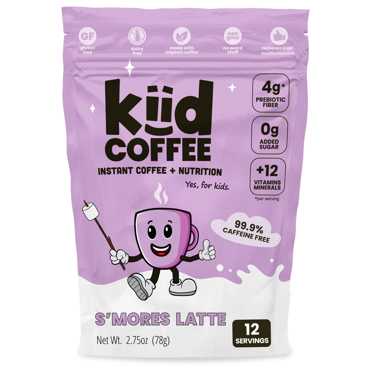 Purple package of kiud Coffee S'mores Latte with cartoon character on a white background