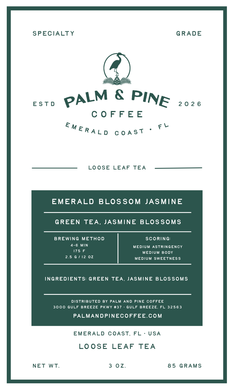 A flat product label for Palm & Pine Coffee Loose Leaf Tea, featuring a white background with dark green text and a central dark green box detailing the flavor profile as Emerald Blossom Jasmine.