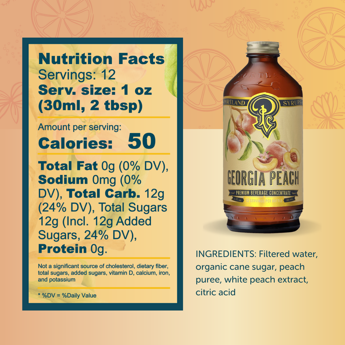 Georgia Peach syrup bottle with nutrition facts label on a patterned background