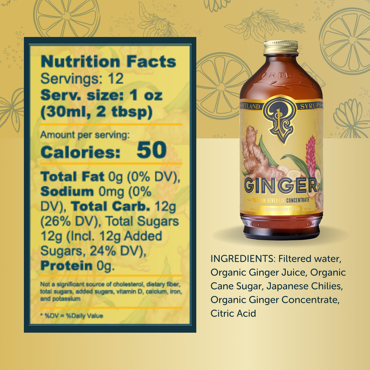 Bottle of ginger syrup with nutrition facts label on a decorative background