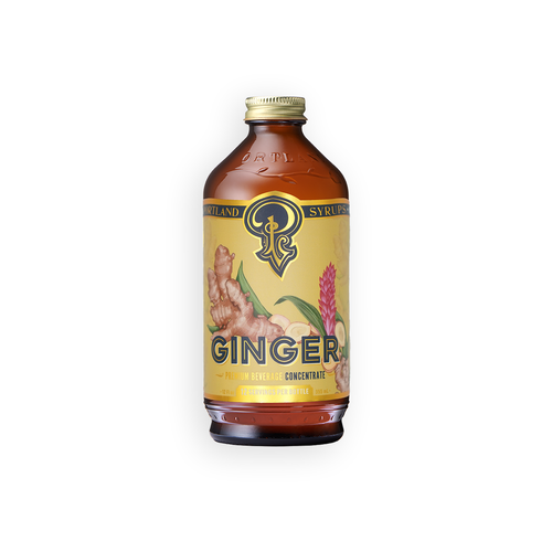 A bottle of Syrupush ginger syrup concentrate with a yellow label and gold cap, shown on a white background.