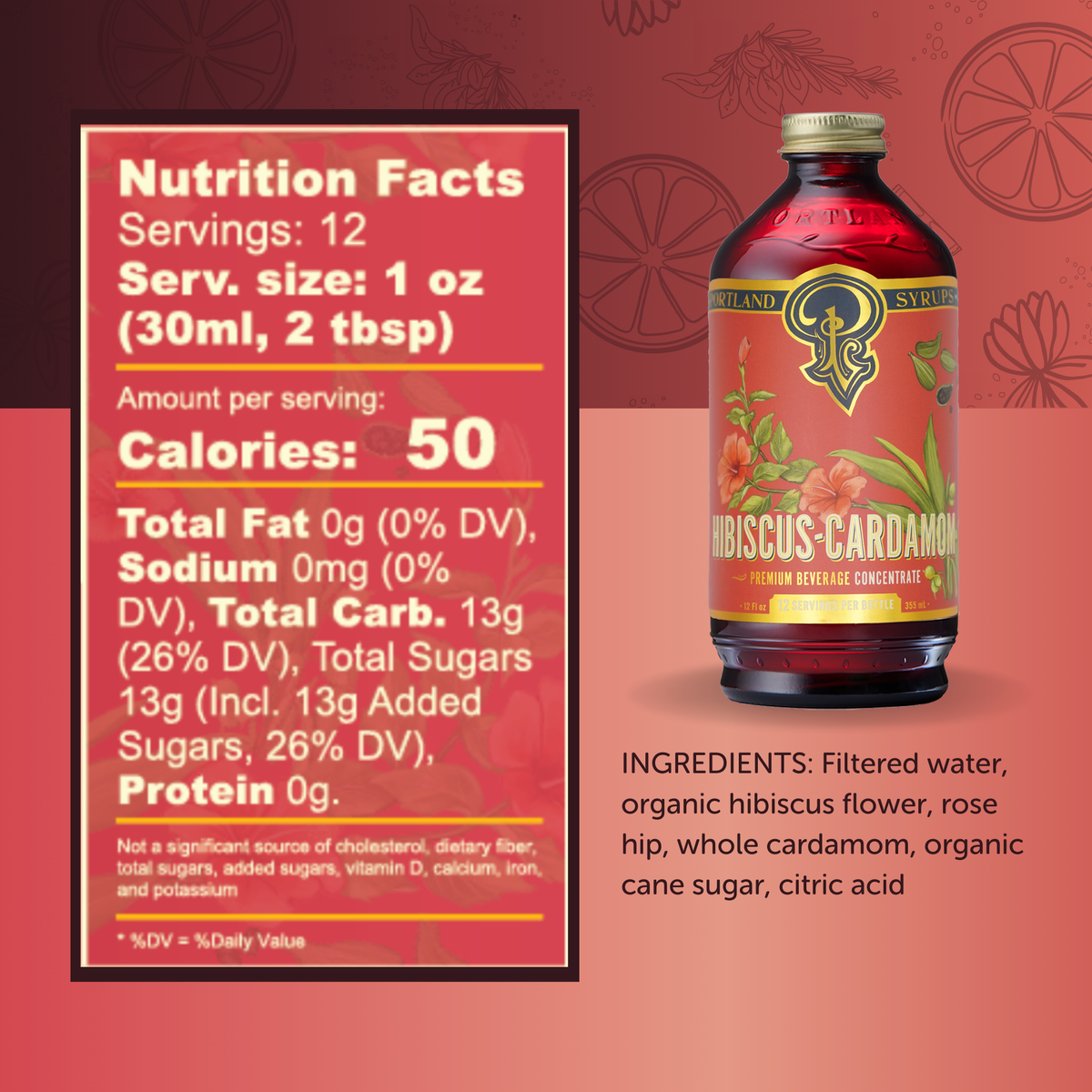 Bottle of hibiscus-cardamom syrup with nutrition facts label on a red background