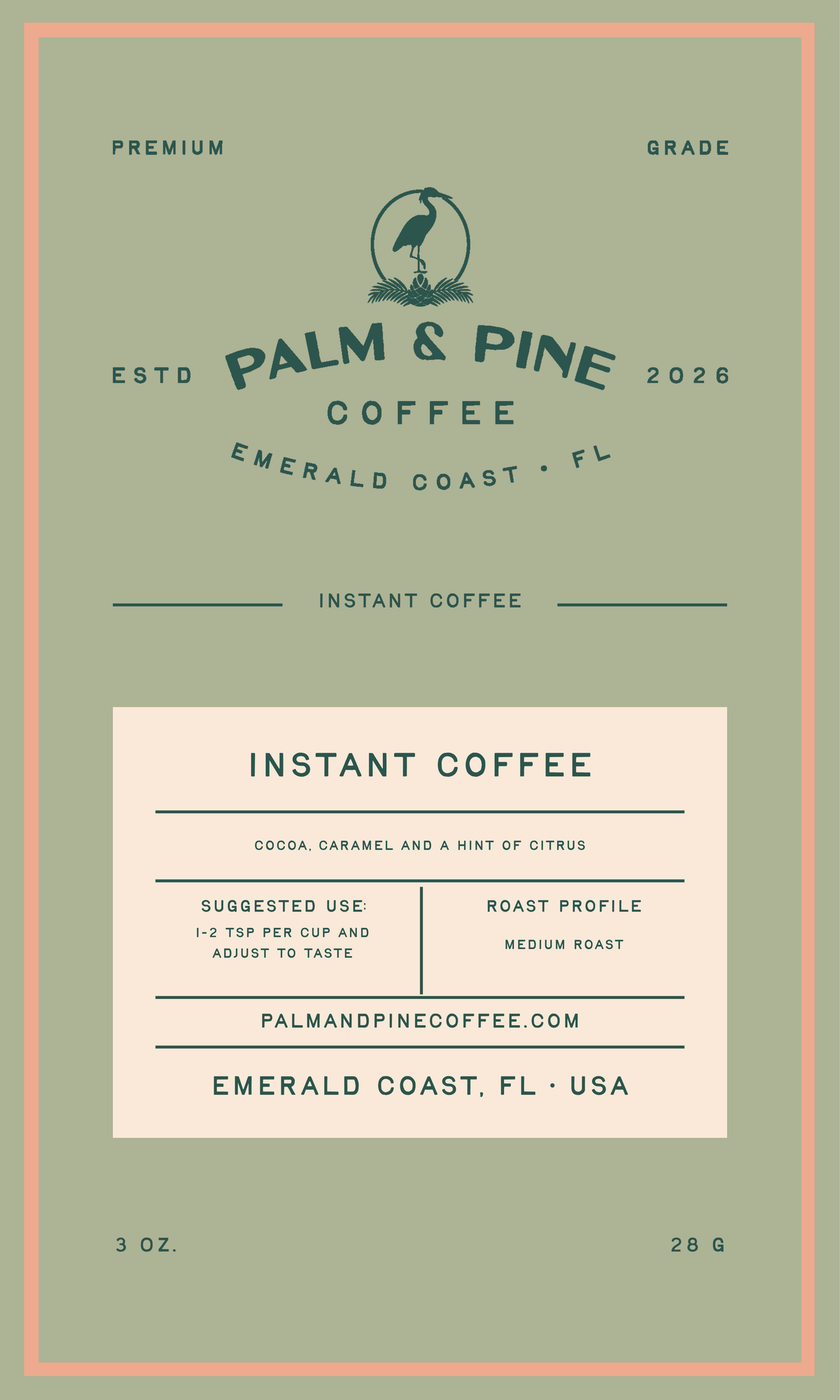 Palm & Pine Coffee Instant Coffee medium roast label featuring tasting notes of cocoa, caramel, and citrus.