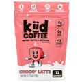 A package of Kid Coffee Choco' Latte instant coffee and nutrition powder. The packaging is primarily pink with a white bottom section, featuring the black 'kid coffee' logo, a cartoon coffee cup character, and product details including 'Choco' Latte' and '12 Servings'.