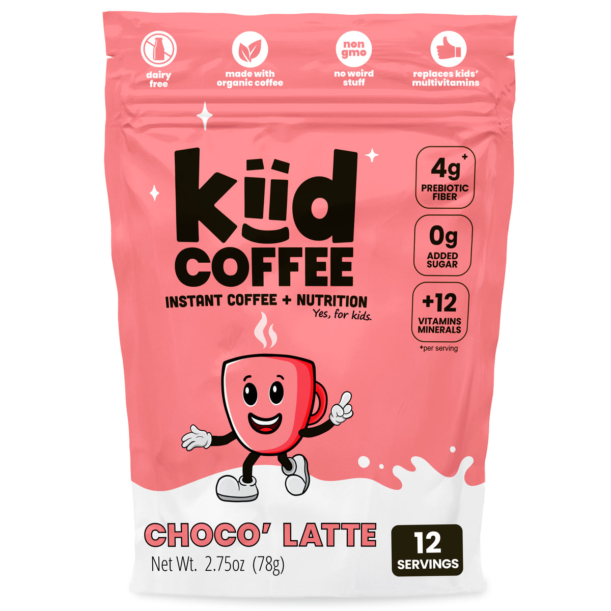 A package of Kid Coffee Choco' Latte instant coffee and nutrition powder. The packaging is primarily pink with a white bottom section, featuring the black 'kid coffee' logo, a cartoon coffee cup character, and product details including 'Choco' Latte' and '12 Servings'.