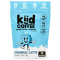 A bag of Kid Coffee Original Latte instant coffee and nutrition mix, featuring a light blue and white packaging design with a cartoon coffee cup character and product details.
