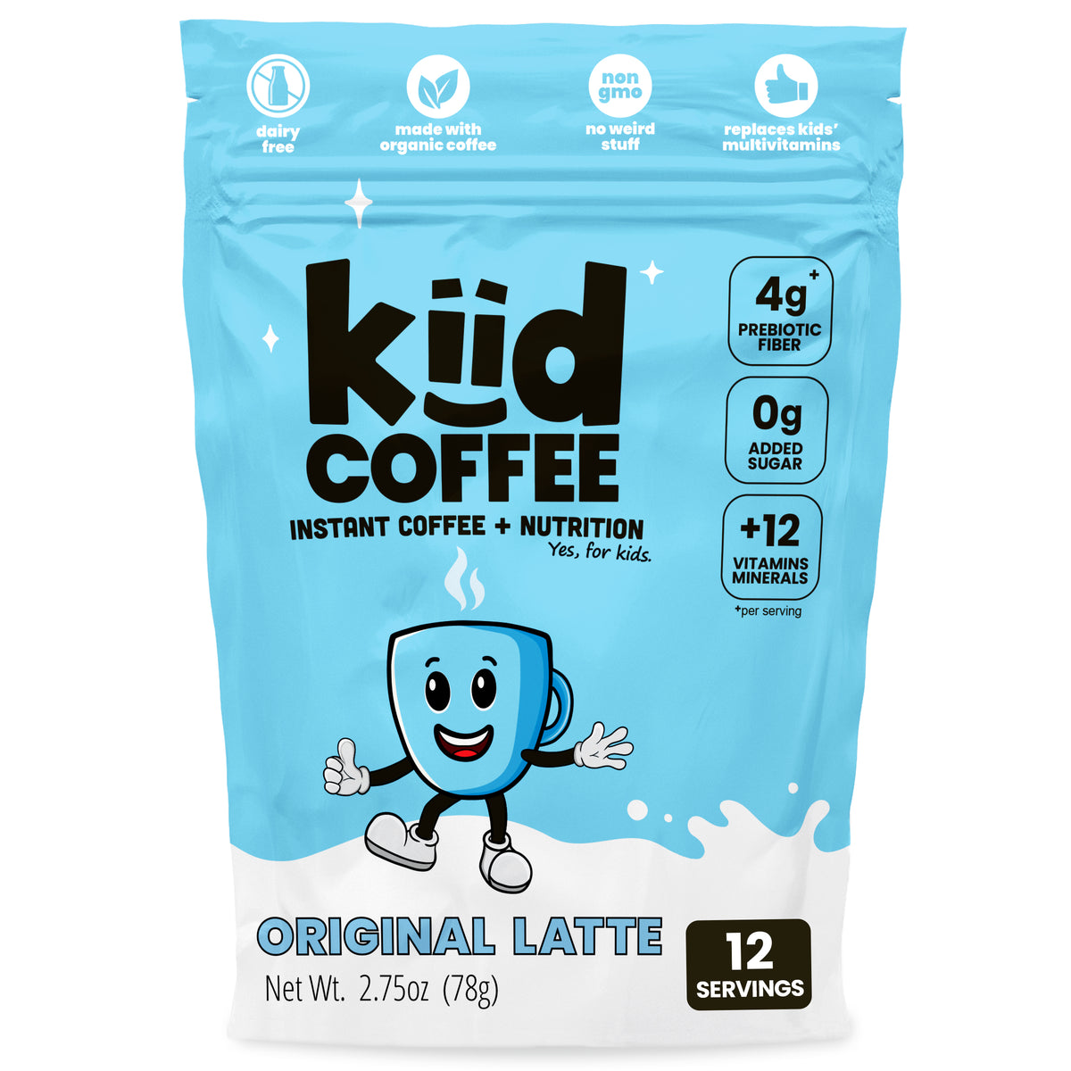 A bag of Kid Coffee Original Latte instant coffee and nutrition mix, featuring a light blue and white packaging design with a cartoon coffee cup character and product details.