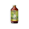A bottle of Mojito Syrup and Juice Concentrate, featuring a light green label with a yellow logo and illustration of a mojito cocktail, set against a plain white background.