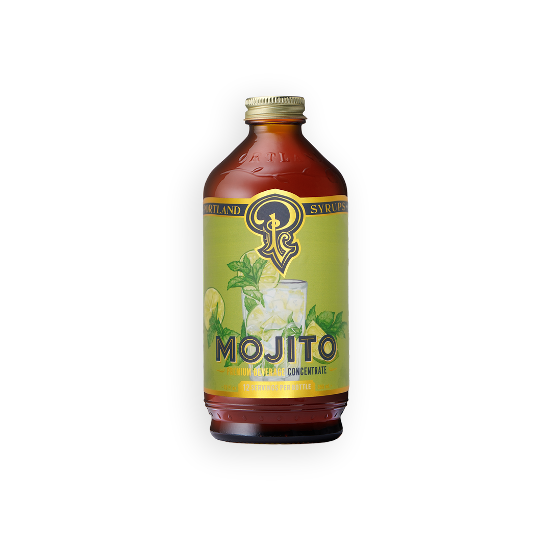 A bottle of Mojito Syrup and Juice Concentrate, featuring a light green label with a yellow logo and illustration of a mojito cocktail, set against a plain white background.