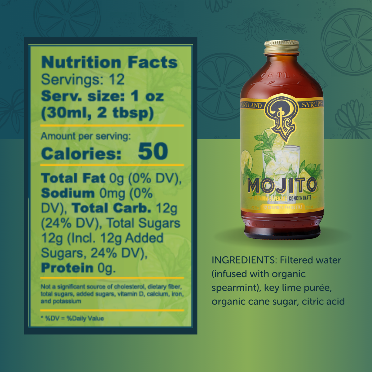Bottle of Mojito syrup with nutrition facts label on a green background