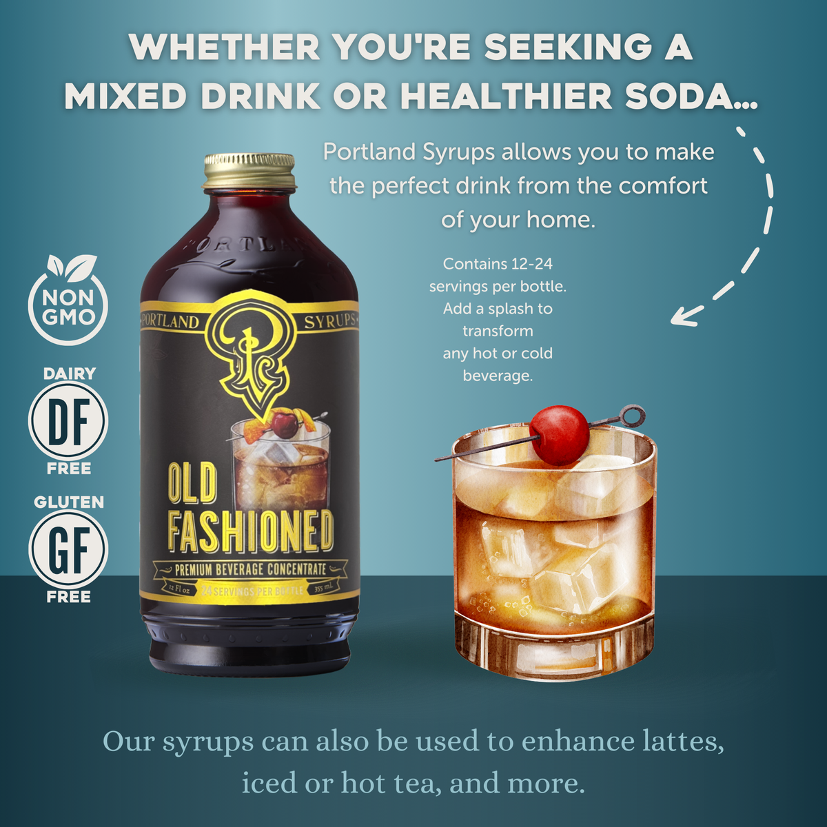 Portland Syrups Old Fashioned bottle with a cocktail illustration on a blue background