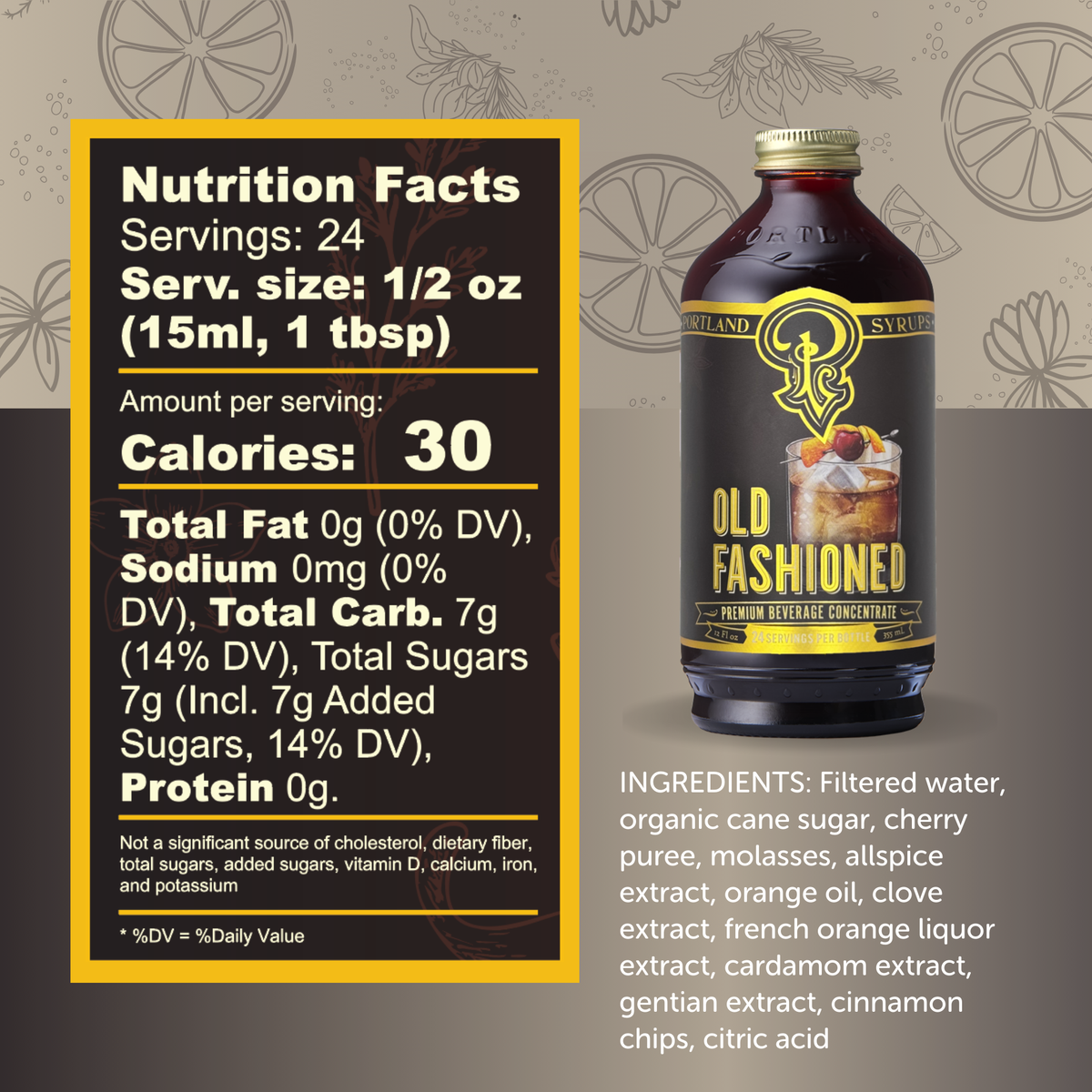 Old Fashioned syrup bottle with nutrition facts label on a decorative background