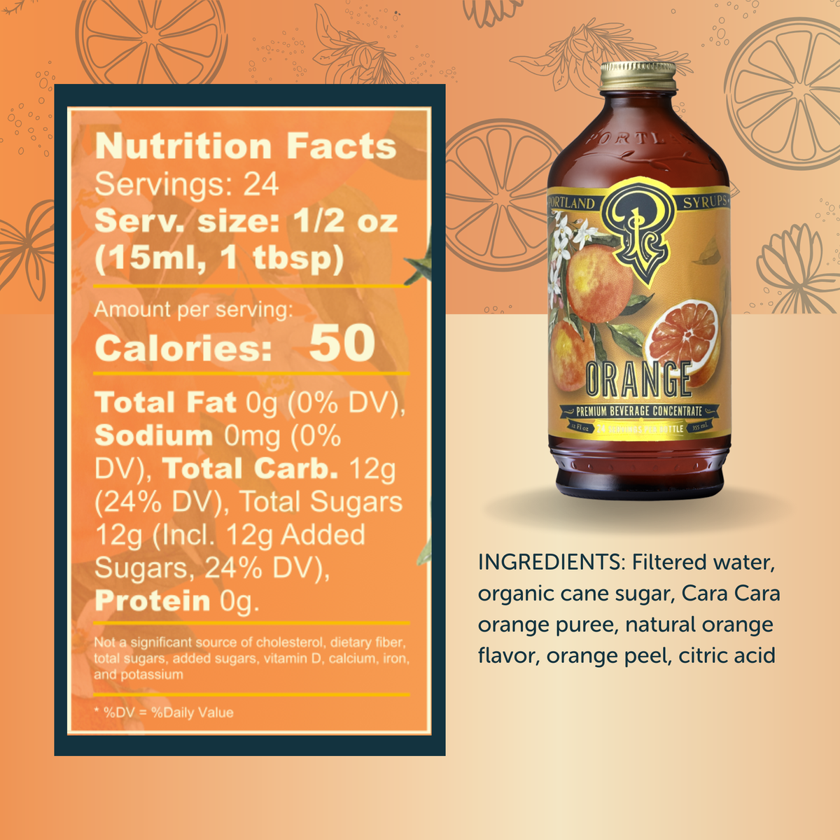 Orange syrup bottle with nutrition facts label on an orange background