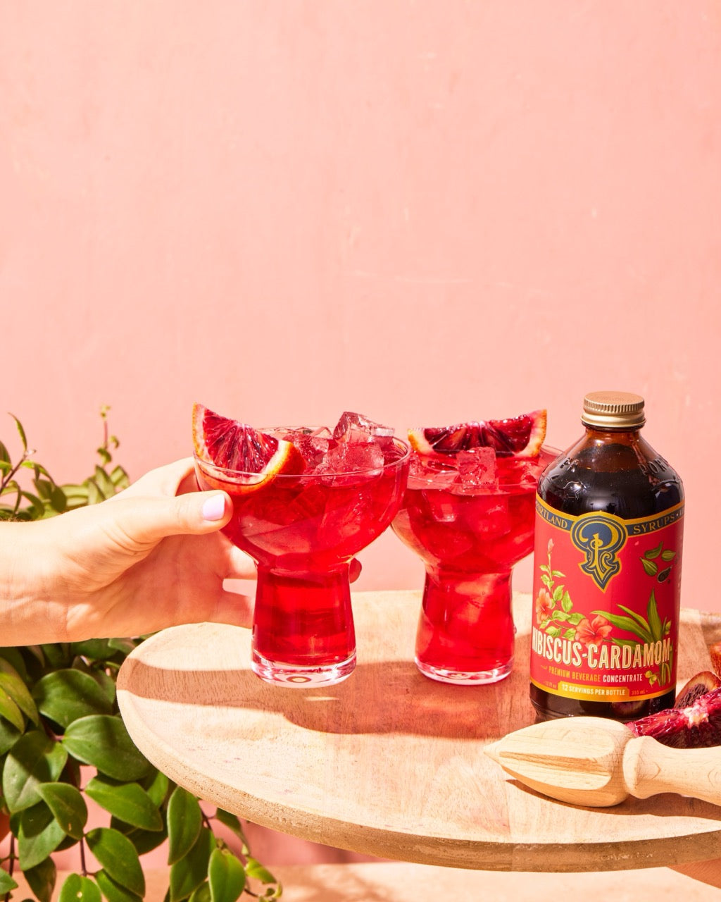 Two red cocktails with ice and a slice of blood orange, accompanied by a bottle of 'Muscus Cardamom' liqueur on a pink background.