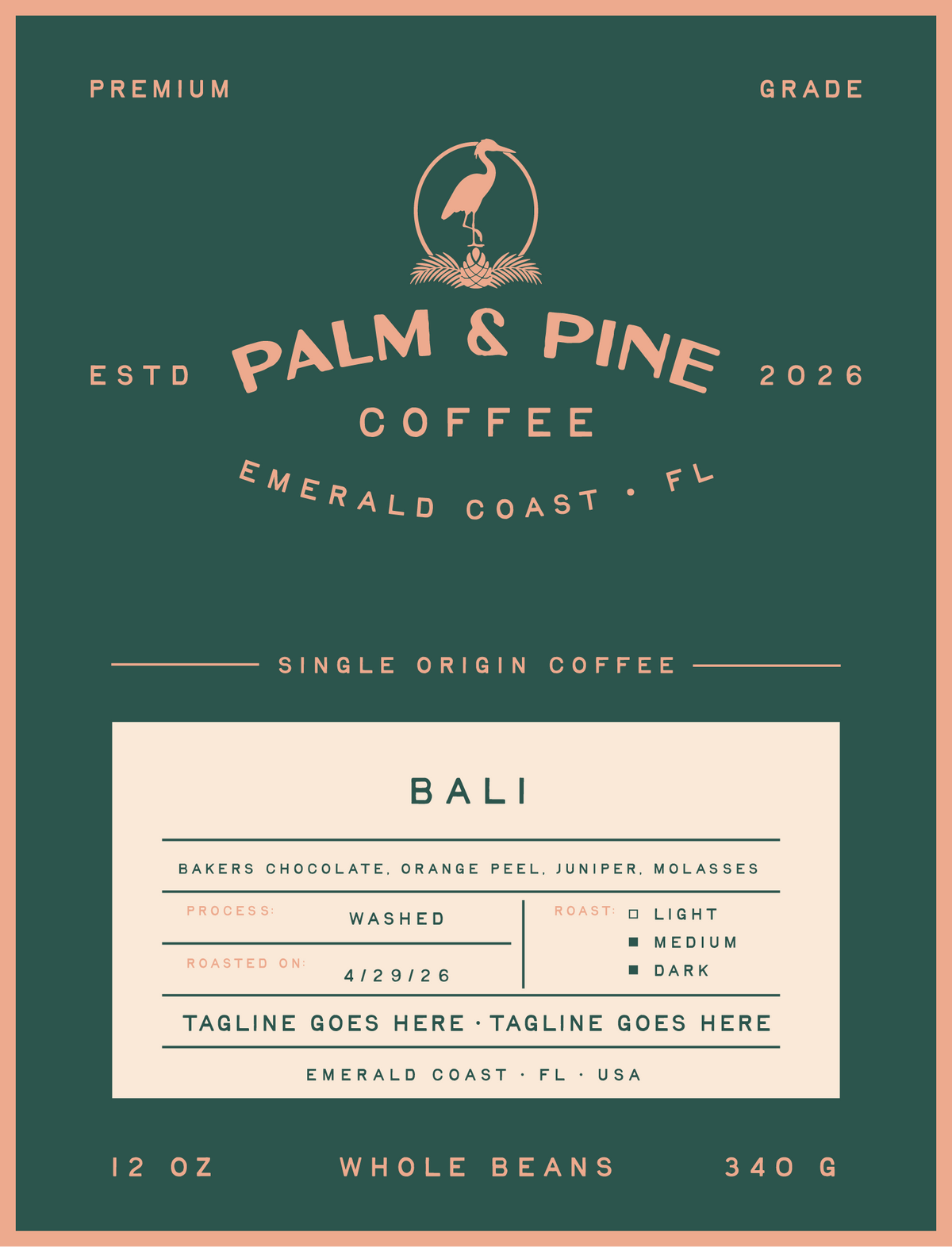 Palm & Pine Coffee Bali single origin coffee label with a medium-dark roast profile and washed process.