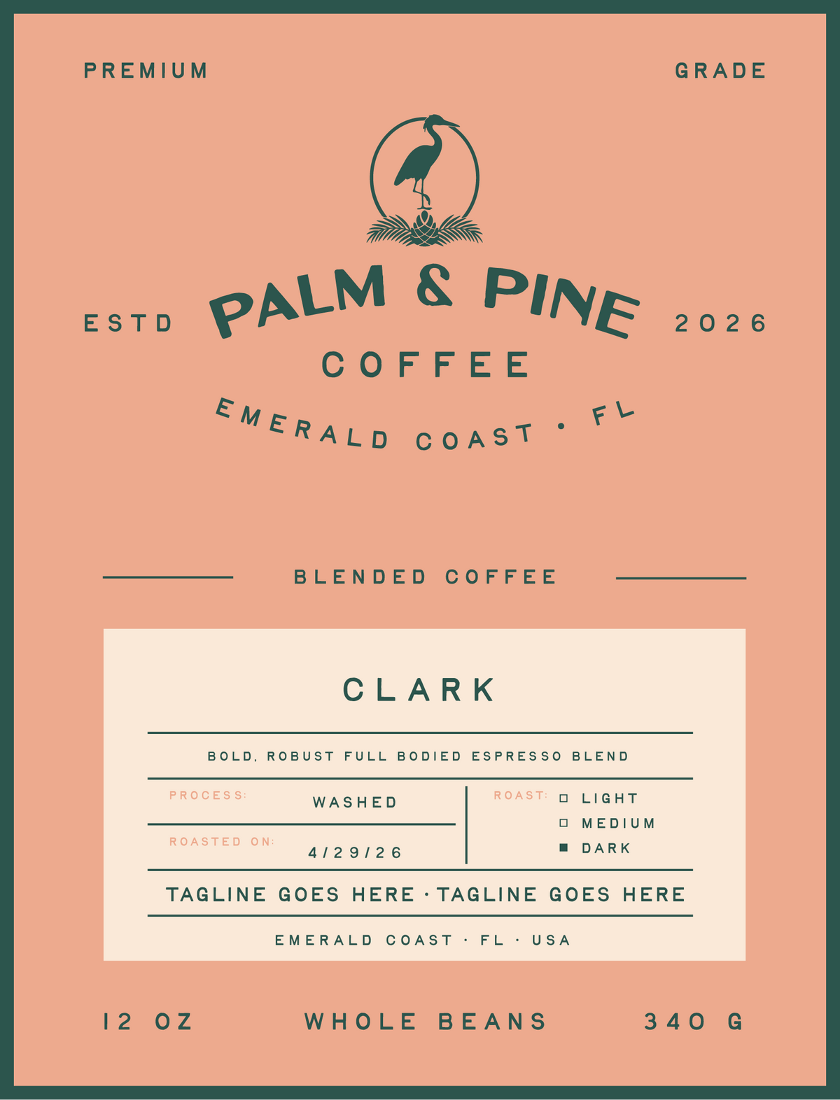 Palm & Pine Coffee Clark blended coffee label with a dark roast profile and washed process.