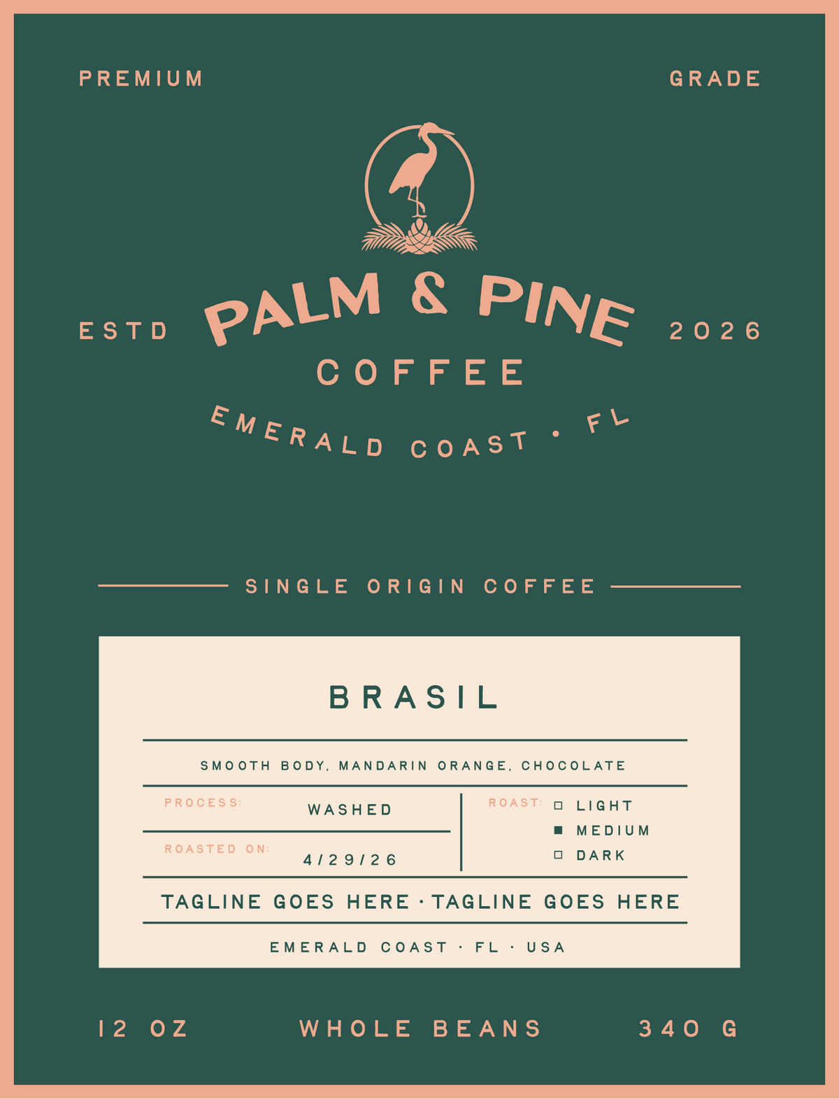 Palm & Pine Coffee Brasil single origin coffee label with a medium roast profile and washed process.