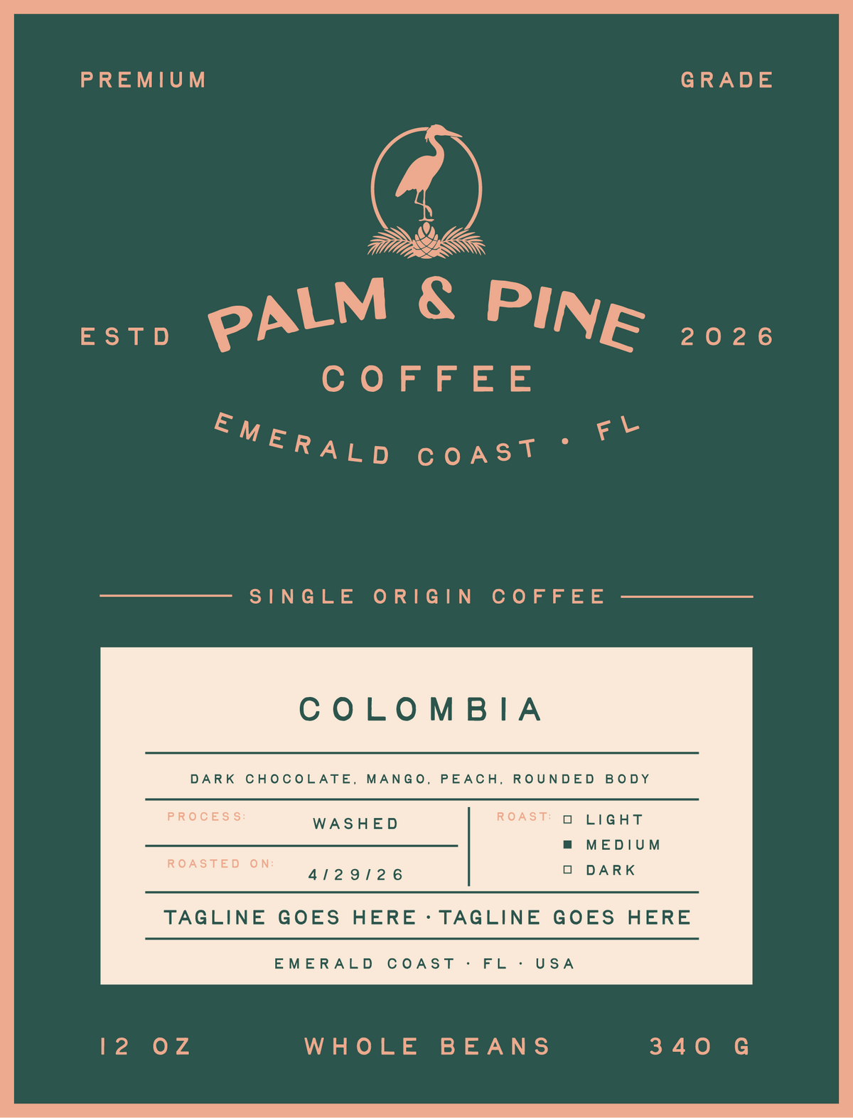 Palm & Pine Coffee Colombia single origin coffee label with a medium roast profile and washed process.