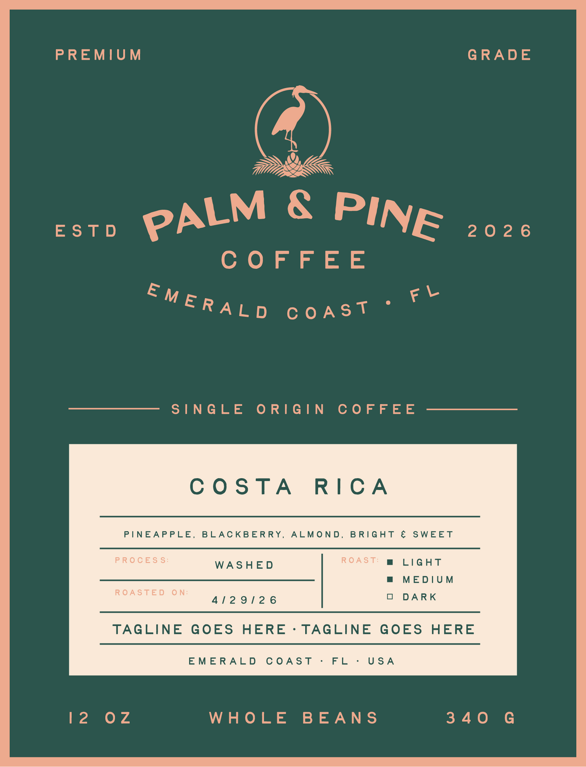 Palm & Pine Coffee Costa Rica single origin coffee label with a medium-light roast profile and washed process.