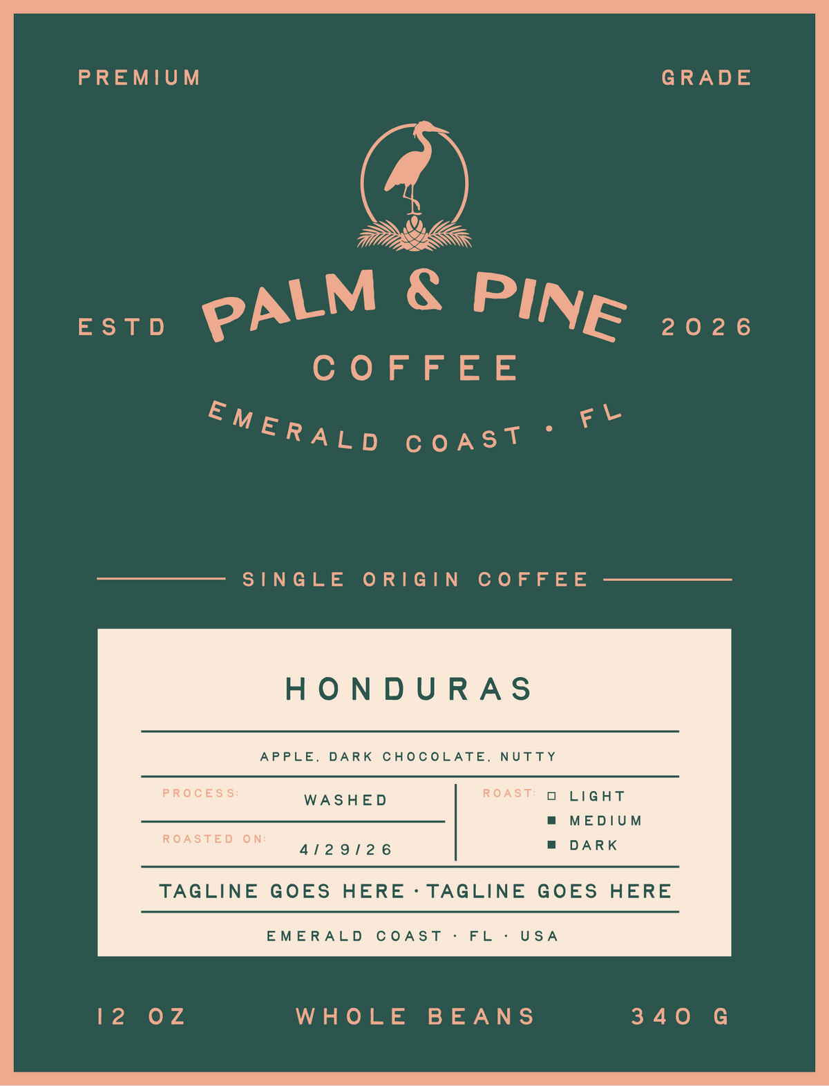 Palm & Pine Coffee Honduras single origin coffee label with a medium-dark roast profile and washed process.